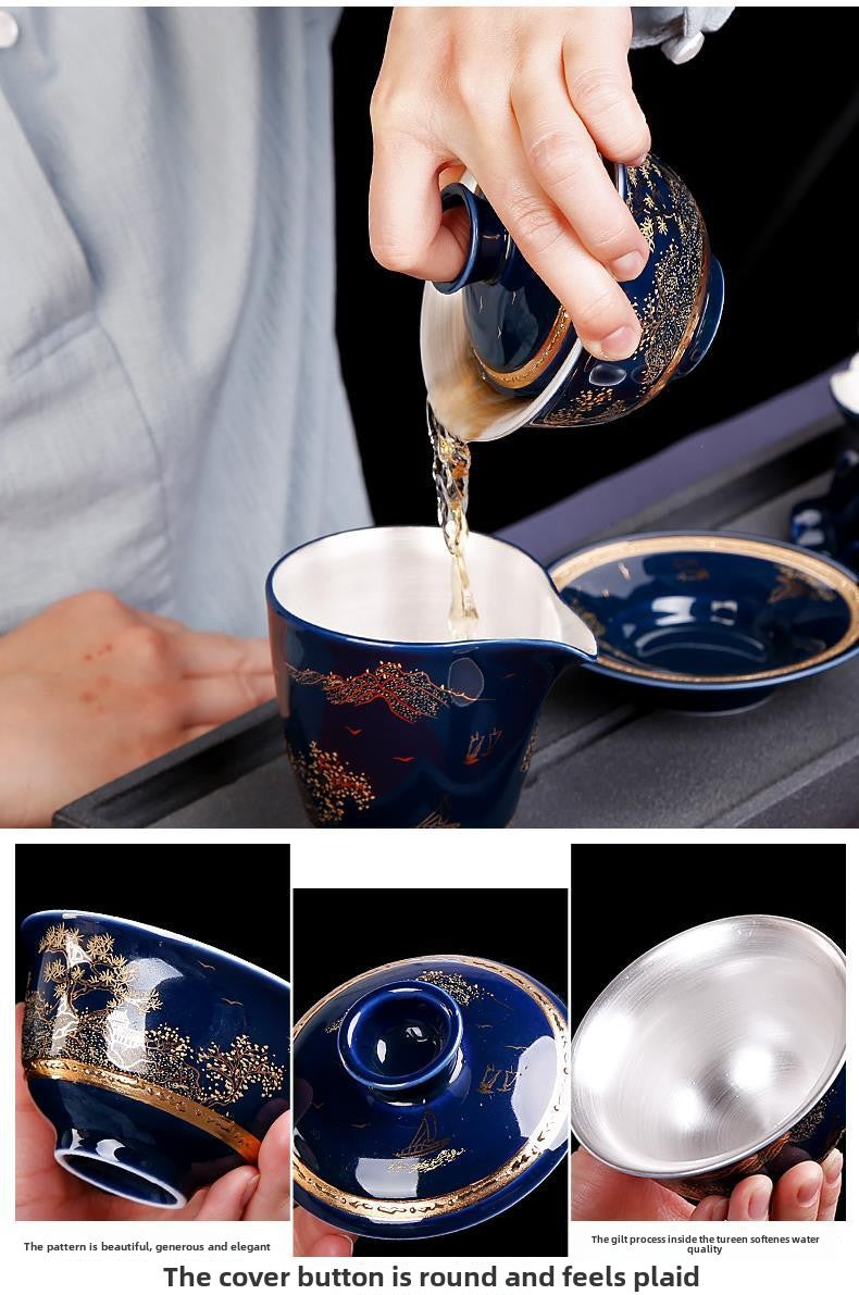 [Kaolin material] Enamel handmade ceramic silver-plated tea set 999 silver automatic tea set Kung Fu teacup tea brewing household teapot