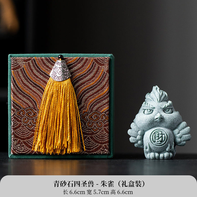 New Chinese style cute healing system fortune-attracting four beasts mascots blue sandstone tea pet ornaments Qinglong desktop decoration