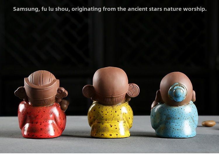 Fine ceramic ornaments Fu Lu Shou God of Wealth ornaments hand-made sculpture tea toy small Buddha statue purple sand tea ceremony tea pet can be raised