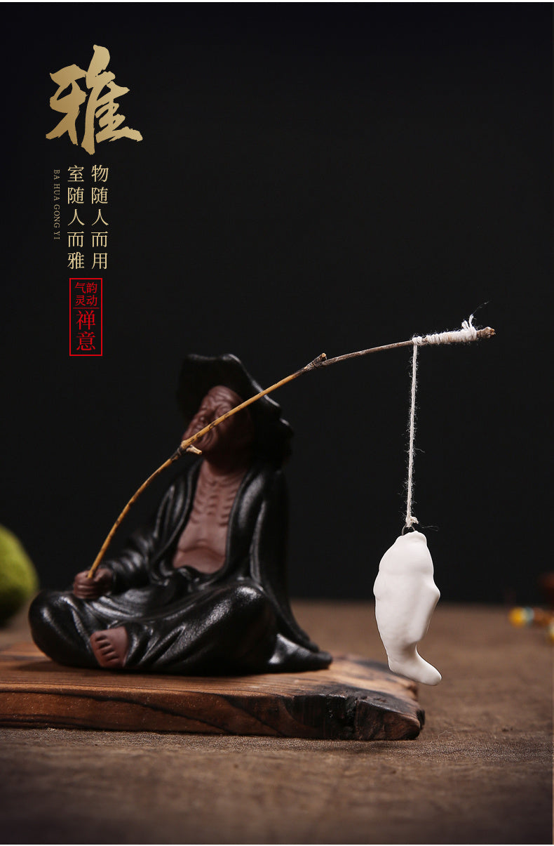 Zen purple sand creative figure Jiang Taigong fishing ornaments home living room aromatherapy burner incense holder tea pet decorations