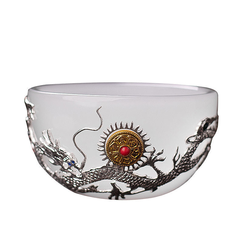 New hand-made silver-inlaid glazed jade white dragon and phoenix host tea cup single creative tea cup jade porcelain tea cup