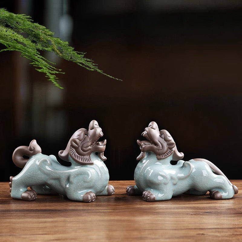 Ceramic Fortune Pixiu Ornaments Pair Home Living Room Office Desktop Decoration Auspicious Beast Kirin Tea Pet Can Be Raised