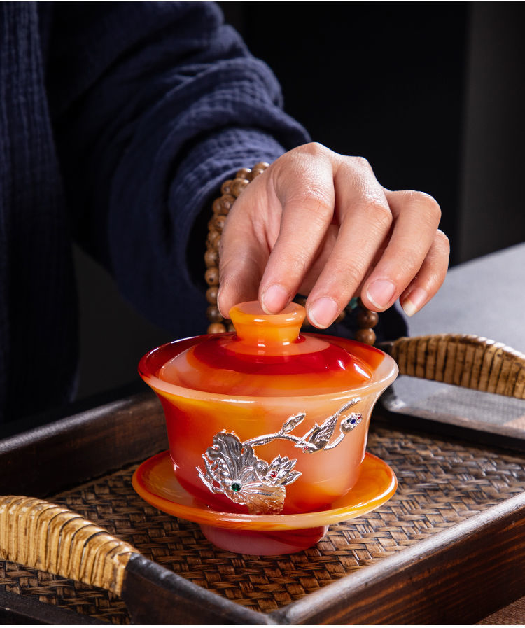 High-grade red agate jade porcelain Kung Fu tea set luxury natural glass lidded bowl tea cup office home gift