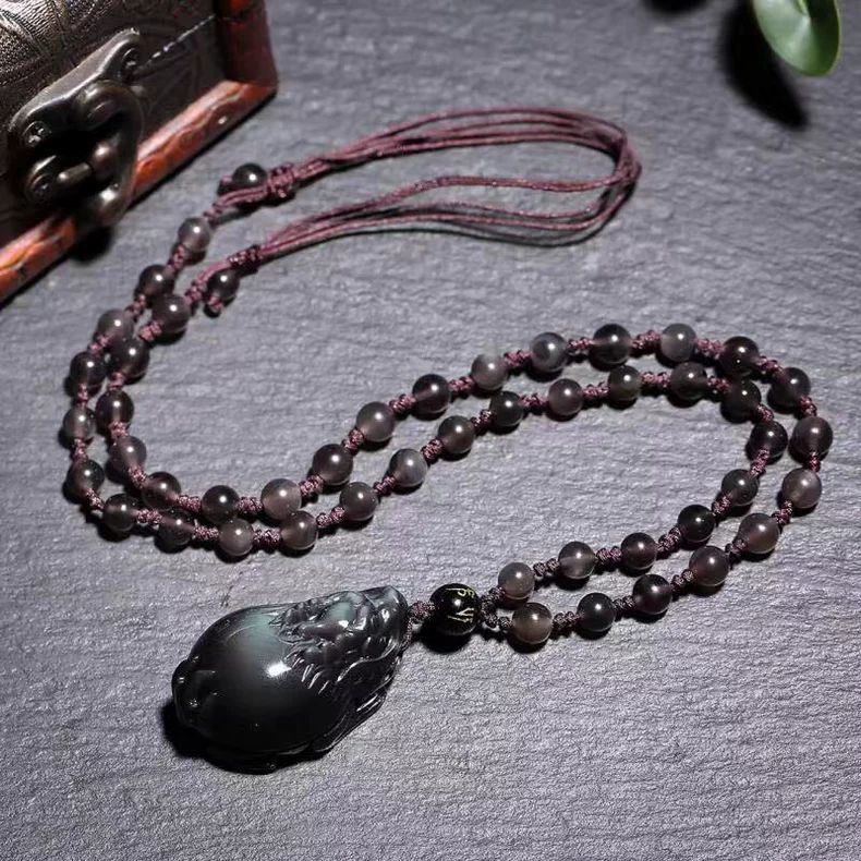 Hand-woven ice-colored obsidian carved dragon head turtle pendant men and women crystal mascot dragon turtle necklace personality pendant