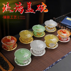 High-grade gold inlaid jade dragon and phoenix large covered bowl tea cup glazed jade tea bowl with lid tea set ancient kung fu tea bowl