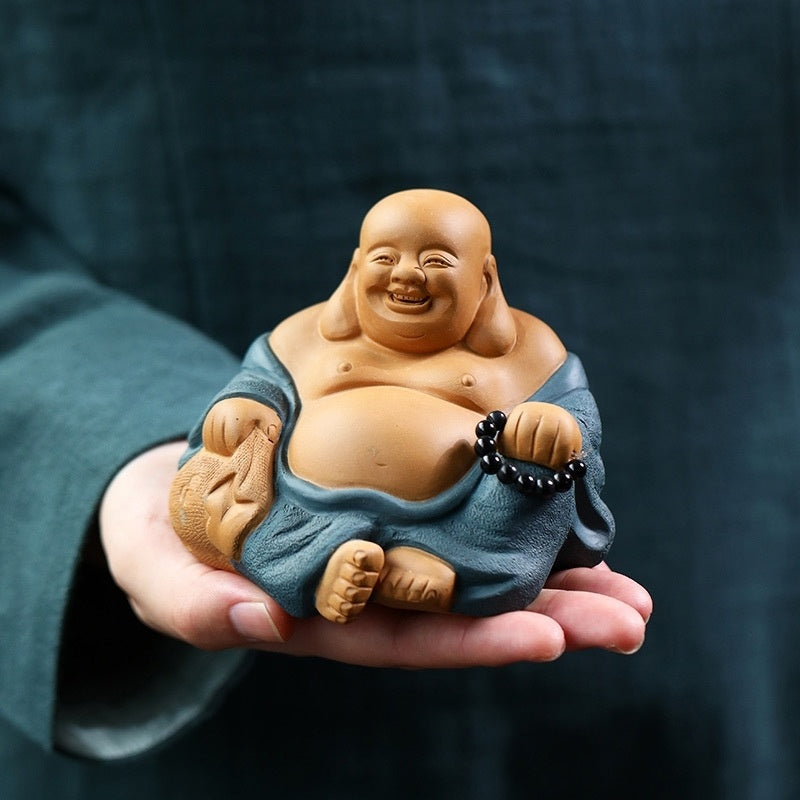 Large boutique Maitreya Buddha Yixing purple sand tea pet small Buddha ornaments handmade powder paste tea play Kung Fu tea set little monk