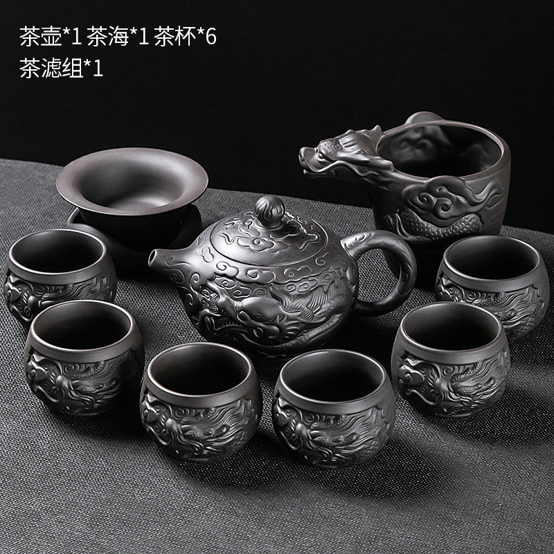 Longteng Sihai luxury purple sand tea set household tea tray office reception Kung Fu teapot covered bowl teacup