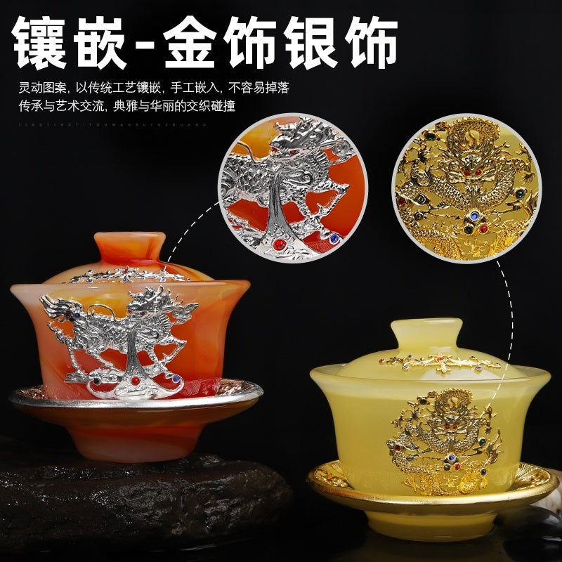 High-grade gold inlaid jade dragon and phoenix large covered bowl tea cup glazed jade tea bowl with lid tea set ancient kung fu tea bowl