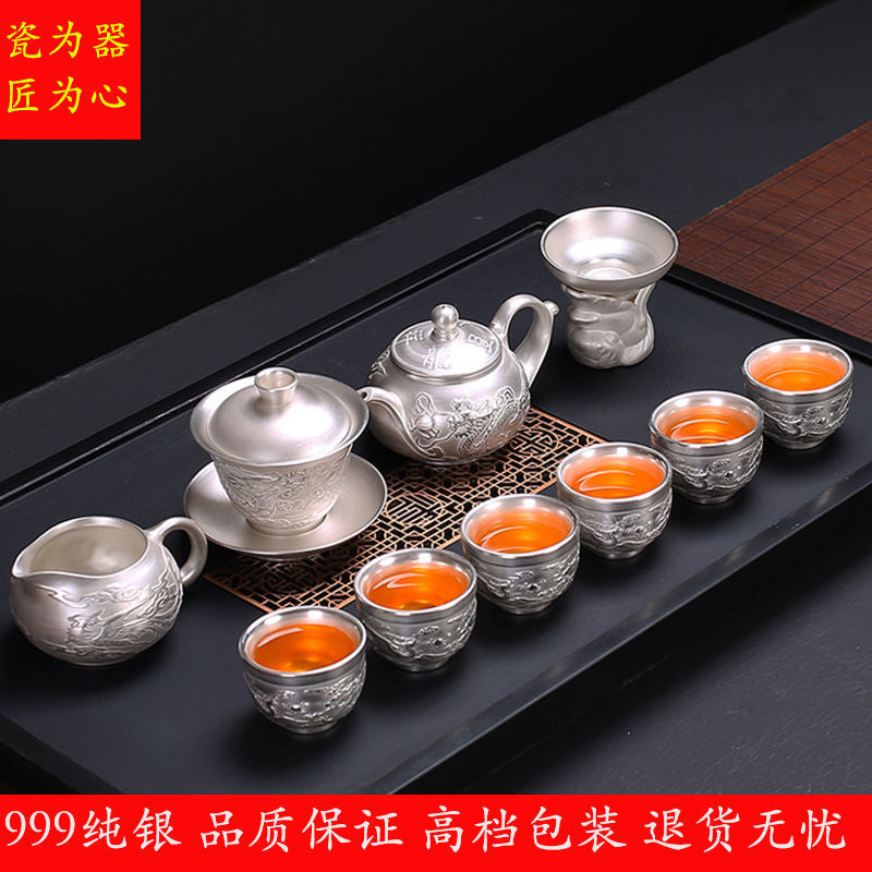 [Kaolin material] Enamel handmade ceramic silver-plated tea set 999 silver automatic tea set Kung Fu teacup tea brewing household teapot