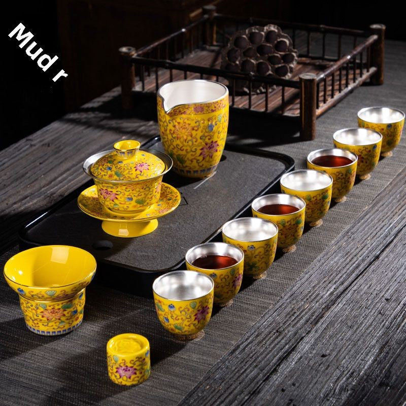 [Kaolin material] Enamel handmade ceramic silver-plated tea set 999 silver automatic tea set Kung Fu teacup tea brewing household teapot