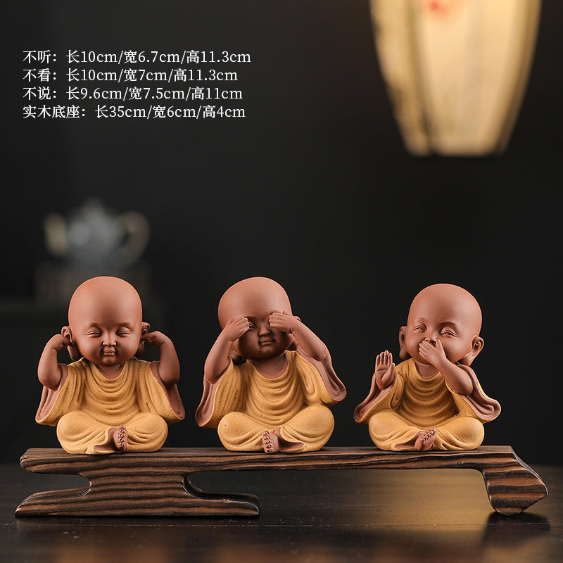 Chinese Zen Three Little Monks Cute Characters Ceramic Home Furnishings Office Desktop Zen Tea Pet Furnishings