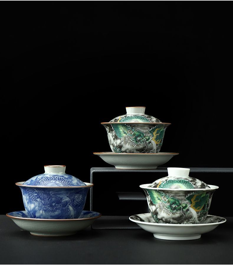 Three-piece porcelain set Ru kiln ink-colored auspicious cloud lidded bowl with cracks, can be used to raise a tea cup, anti-scalding Kung Fu tea set, tea brewing cup