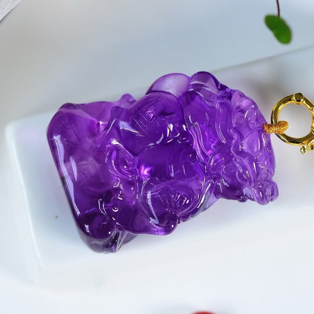 Three-dimensional carved natural Brazilian amethyst unicorn pendant necklace, sweater chain gift jewelry for men and women