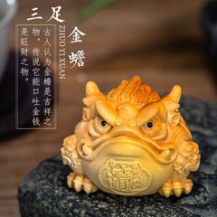 Boxwood Carving Fortune Golden Toad Solid Wood Toad Home Tea Pet Crafts Hand-held Tabletop Ornaments Decorations