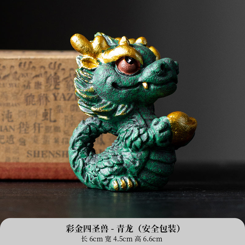 New Chinese style cute healing system fortune-attracting four beasts mascots blue sandstone tea pet ornaments Qinglong desktop decoration