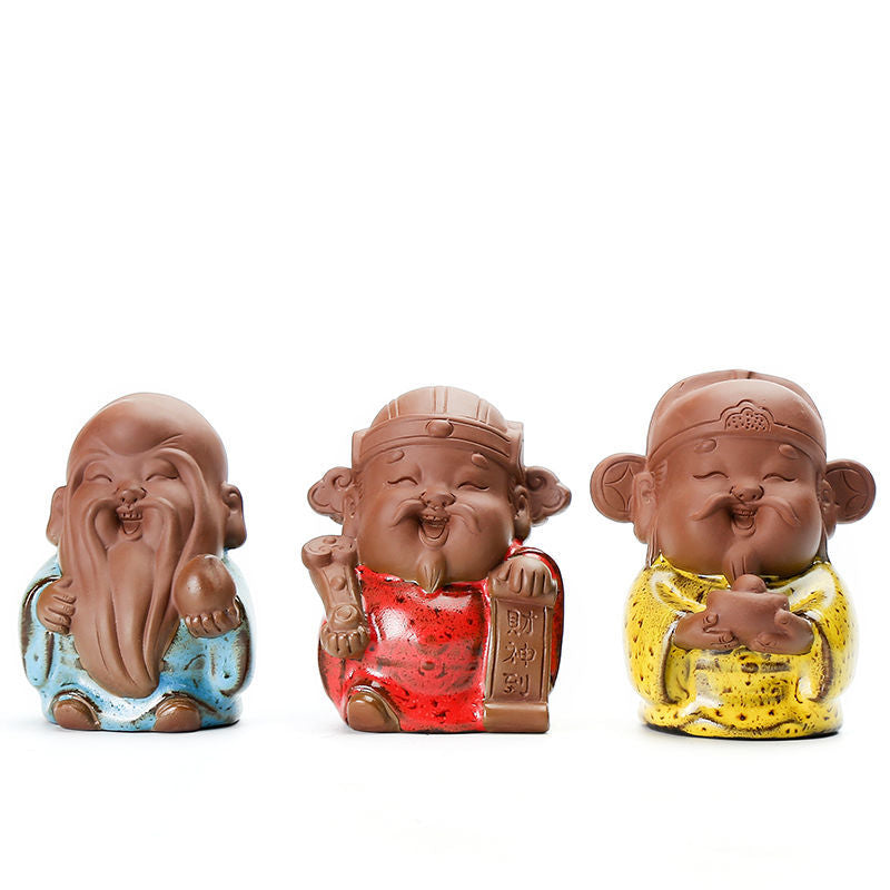 Fine ceramic ornaments Fu Lu Shou God of Wealth ornaments hand-made sculpture tea toy small Buddha statue purple sand tea ceremony tea pet can be raised