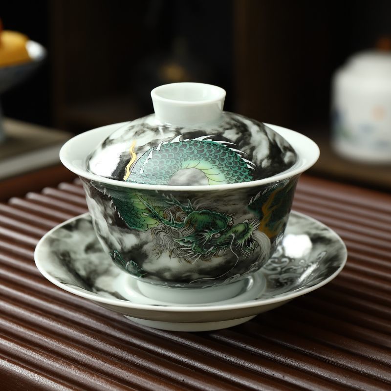 Three-piece porcelain set Ru kiln ink-colored auspicious cloud lidded bowl with cracks, can be used to raise a tea cup, anti-scalding Kung Fu tea set, tea brewing cup