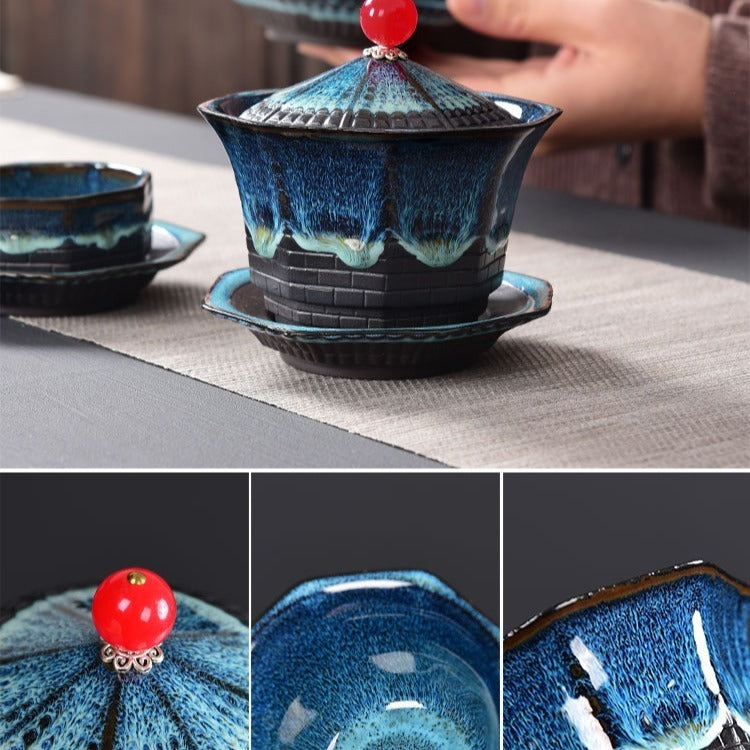 [The soup is not hot] Creative octagonal pagoda kiln-changed purple sand tea set household kung fu tea cup lid bowl travel tea set