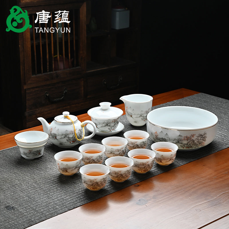 Ice-type mutton-fat jade white porcelain Kung Fu tea set home office reception ceramic covered bowl tea cup high-end gift box