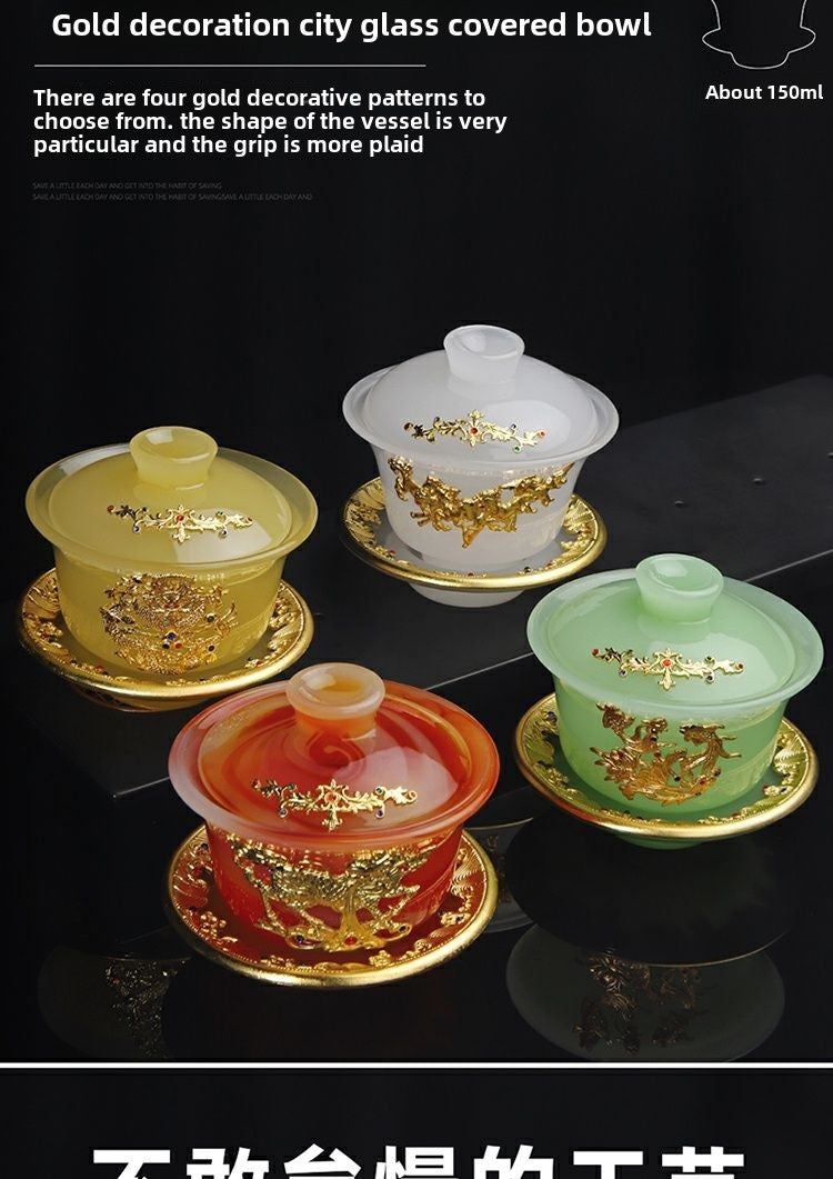 High-grade gold inlaid jade dragon and phoenix large covered bowl tea cup glazed jade tea bowl with lid tea set ancient kung fu tea bowl