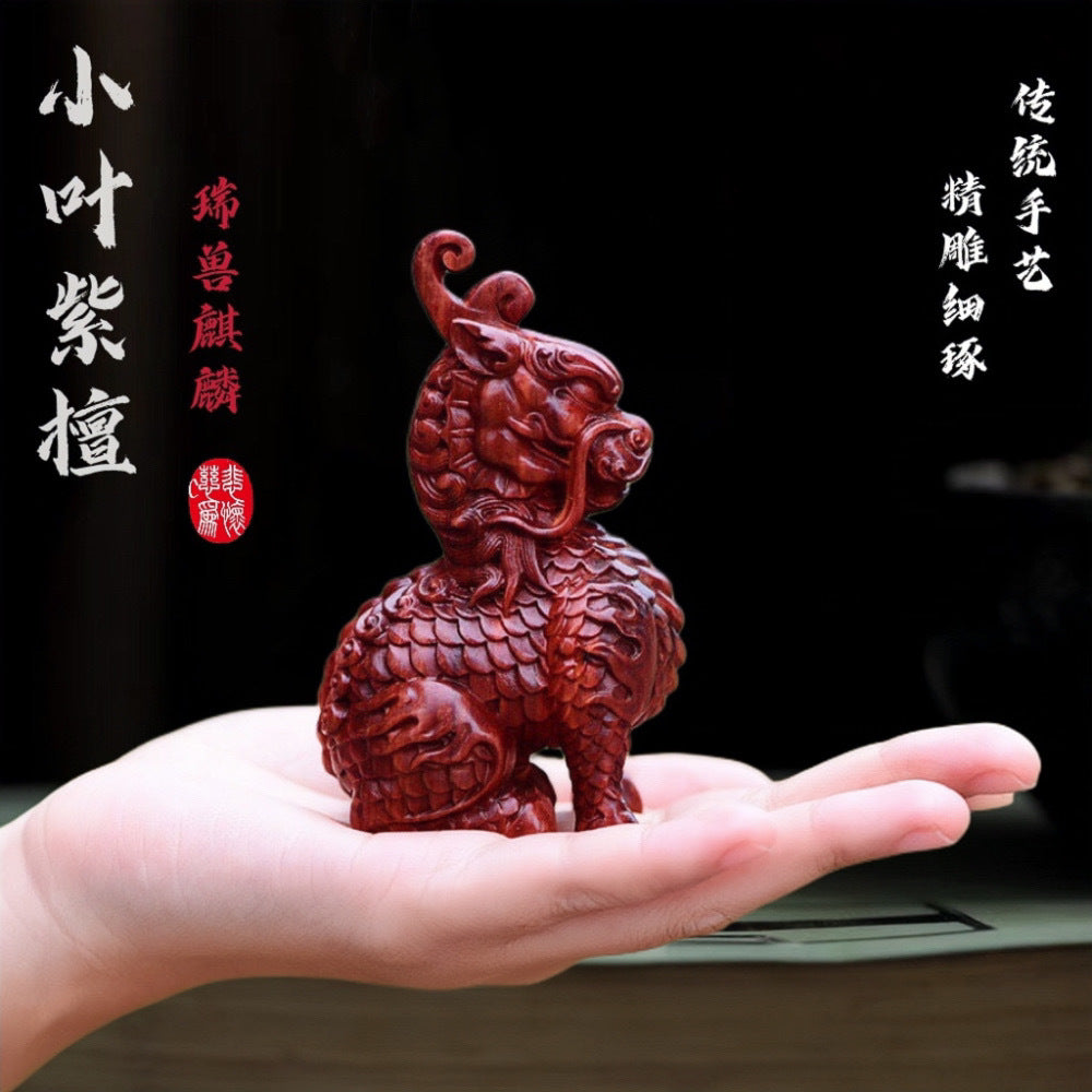 Small-leaf red sandalwood carving lucky beast unicorn hand-held pieces agarwood cultural play wooden crafts tea pet ornaments