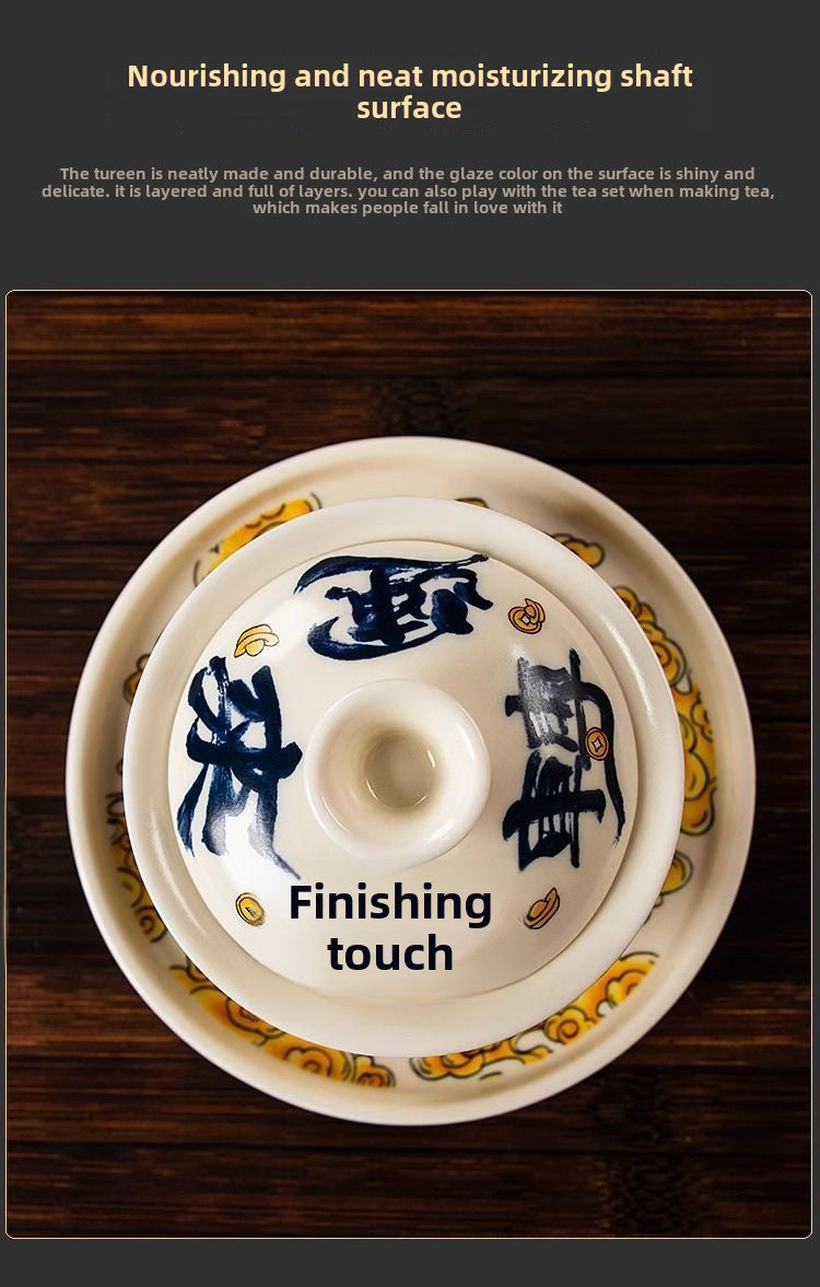 Retro new style hovering awakening lion time to turn luck Kung Fu tea set Sancai covered bowl creative ceramic tea bowl tea brewing covered bowl