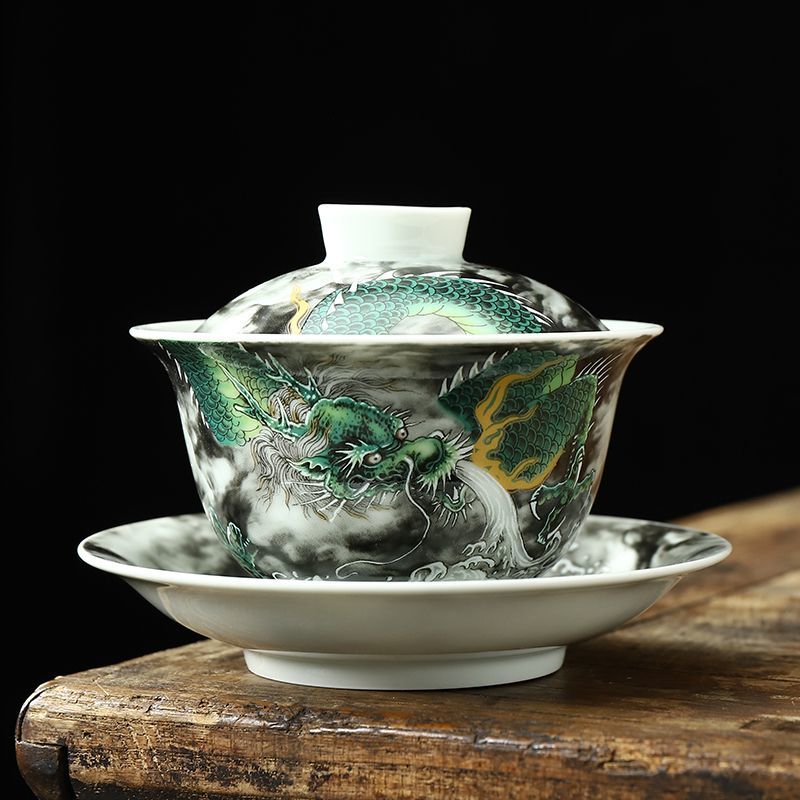 Three-piece porcelain set Ru kiln ink-colored auspicious cloud lidded bowl with cracks, can be used to raise a tea cup, anti-scalding Kung Fu tea set, tea brewing cup