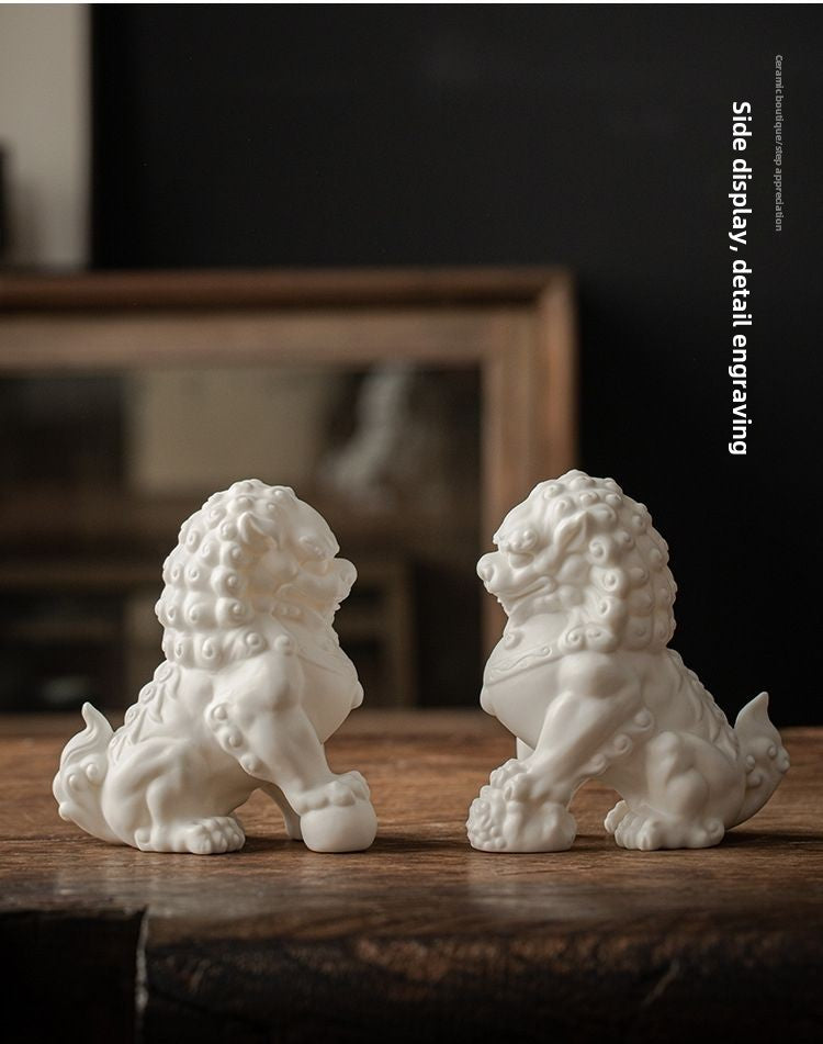 White ceramic ornaments living room tea pet porch tea room tea table office Chinese antique shelf decoration ceramic lion