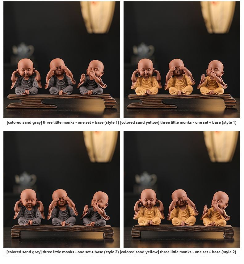 Chinese Zen Three Little Monks Cute Characters Ceramic Home Furnishings Office Desktop Zen Tea Pet Furnishings