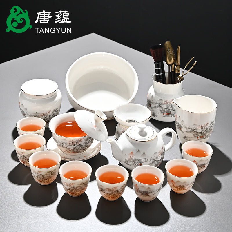 Ice-type mutton-fat jade white porcelain Kung Fu tea set home office reception ceramic covered bowl tea cup high-end gift box