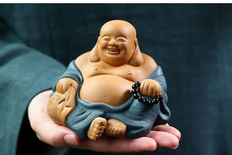 Large boutique Maitreya Buddha Yixing purple sand tea pet small Buddha ornaments handmade powder paste tea play Kung Fu tea set little monk