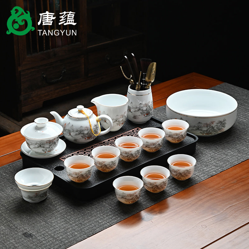 Ice-type mutton-fat jade white porcelain Kung Fu tea set home office reception ceramic covered bowl tea cup high-end gift box