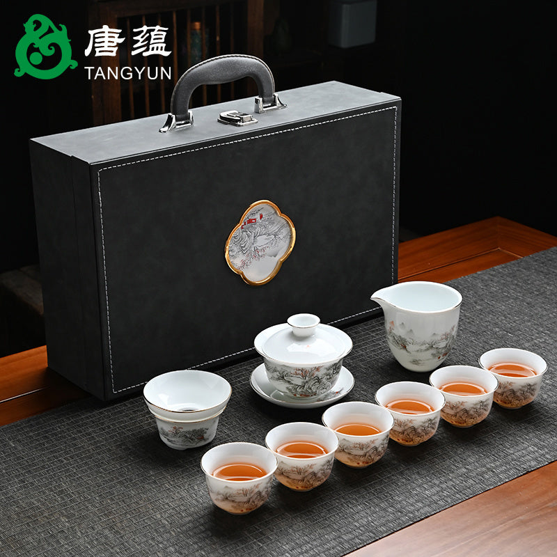 Ice-type mutton-fat jade white porcelain Kung Fu tea set home office reception ceramic covered bowl tea cup high-end gift box