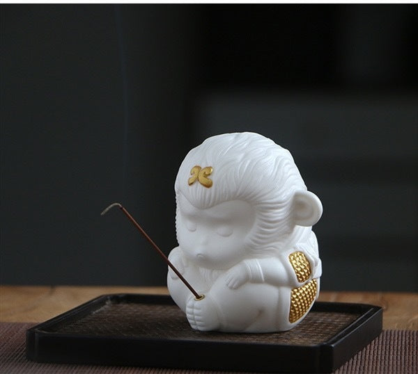 Wukong home Dehua white porcelain Zen incense holder tea table decoration tea pet hand-held pieces play study tea art Zen