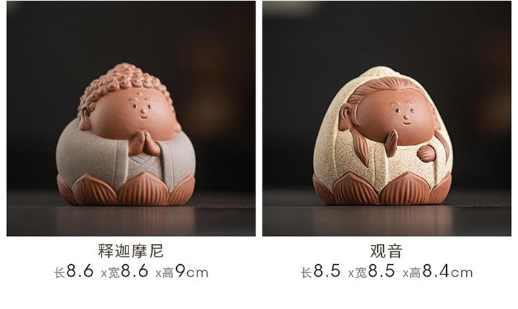 [Auspicious pattern embellishment] Cute Q version little Tathagata purple sand tea pet ornaments Guanyin Bodhisattva crafts Zen tea room desktop decorations