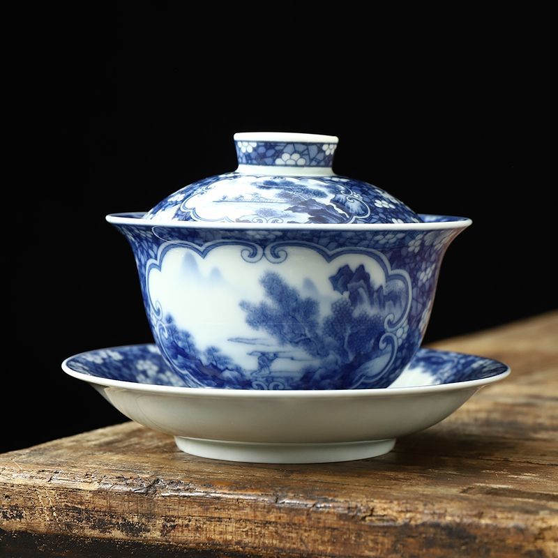 Three-piece porcelain set Ru kiln ink-colored auspicious cloud lidded bowl with cracks, can be used to raise a tea cup, anti-scalding Kung Fu tea set, tea brewing cup