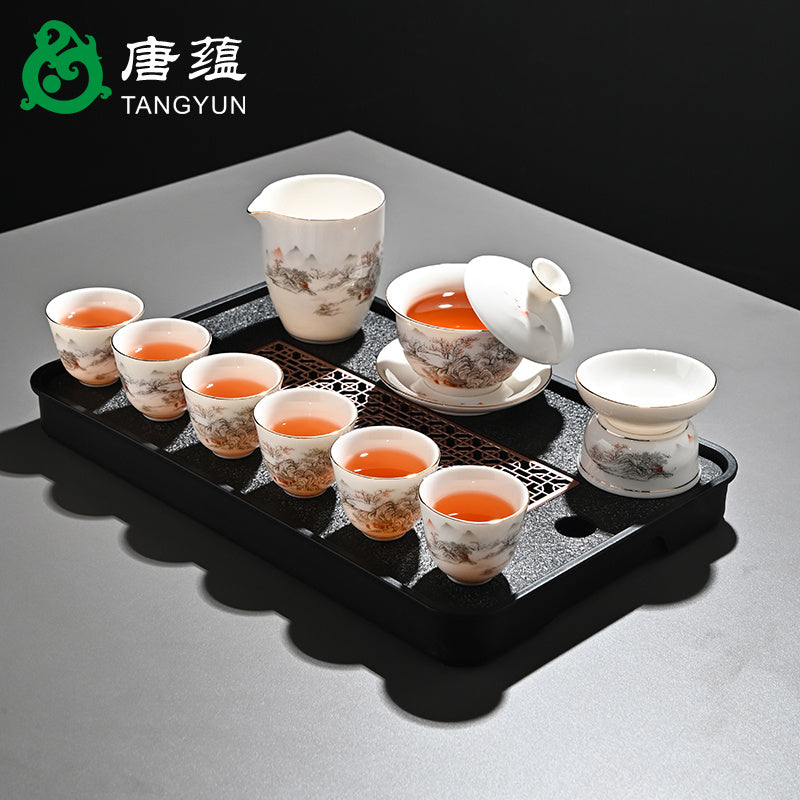 Ice-type mutton-fat jade white porcelain Kung Fu tea set home office reception ceramic covered bowl tea cup high-end gift box