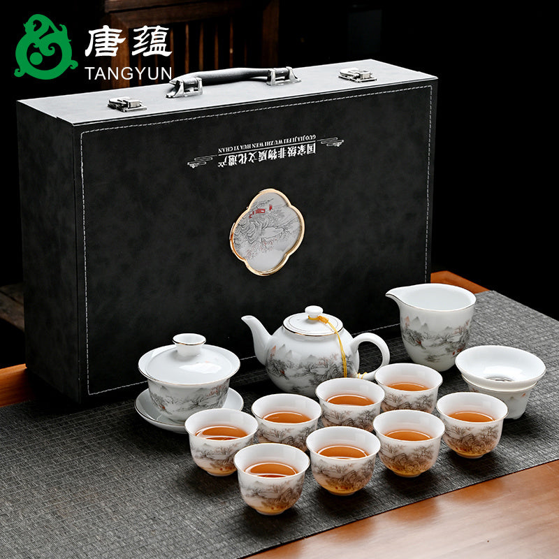 Ice-type mutton-fat jade white porcelain Kung Fu tea set home office reception ceramic covered bowl tea cup high-end gift box