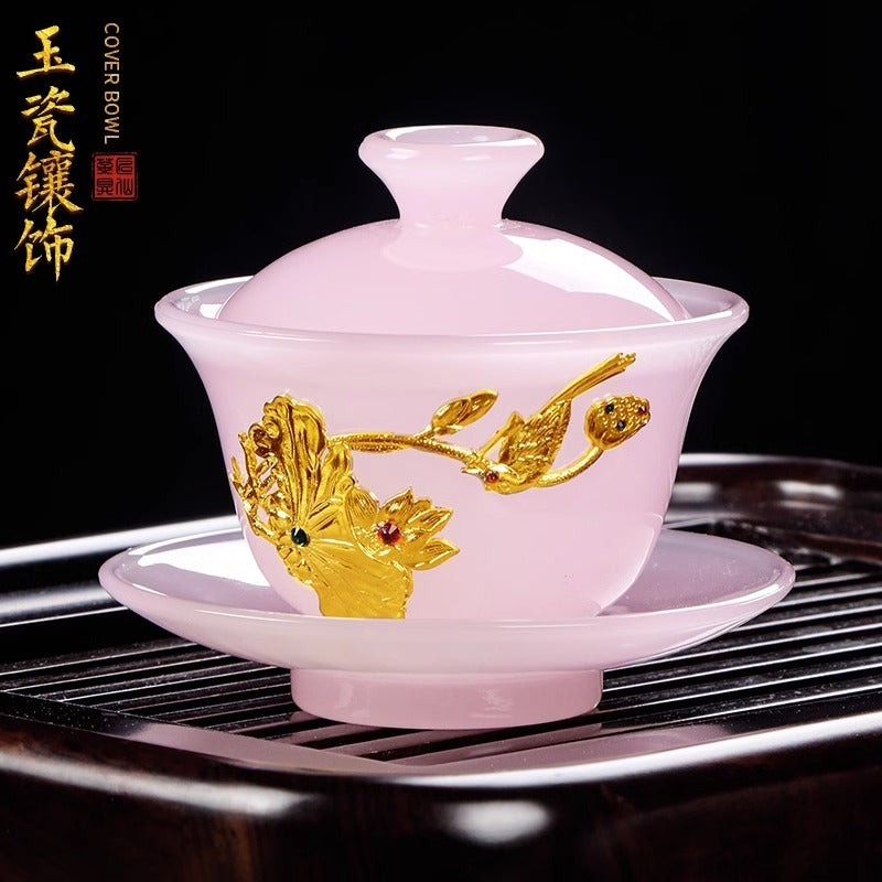 High-grade gold inlaid jade dragon and phoenix large covered bowl tea cup glazed jade tea bowl with lid tea set ancient kung fu tea bowl