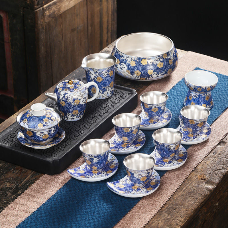 [Kaolin material] Enamel handmade ceramic silver-plated tea set 999 silver automatic tea set Kung Fu teacup tea brewing household teapot