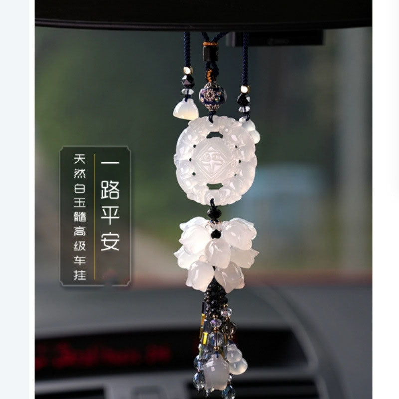 High-end car pendant gray chalcedony agate three sheep Kaitai Qilin Ping An Fu rearview mirror pendant car interior accessories