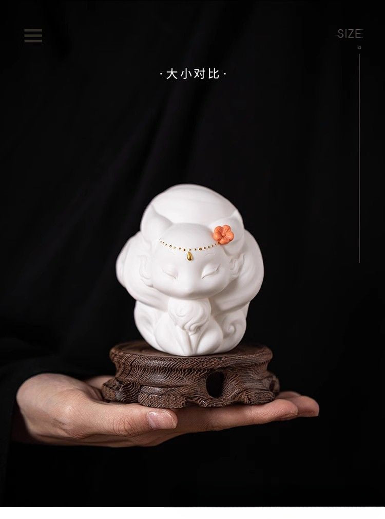 Dehua preferred cute white porcelain nine-tailed fox small ornaments tea ceremony tea table tea play tea pet ornaments desktop can be raised decoration