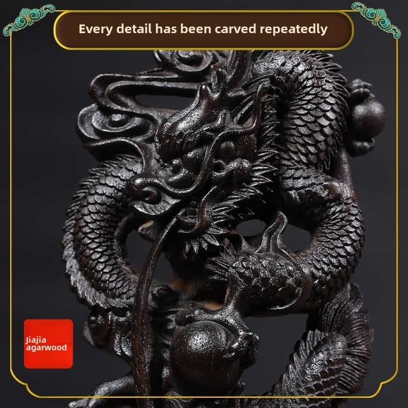 Solid wood ebony carved blue dragon auspicious dragon spitting beads living room home crafts zodiac decoration opening decoration gift