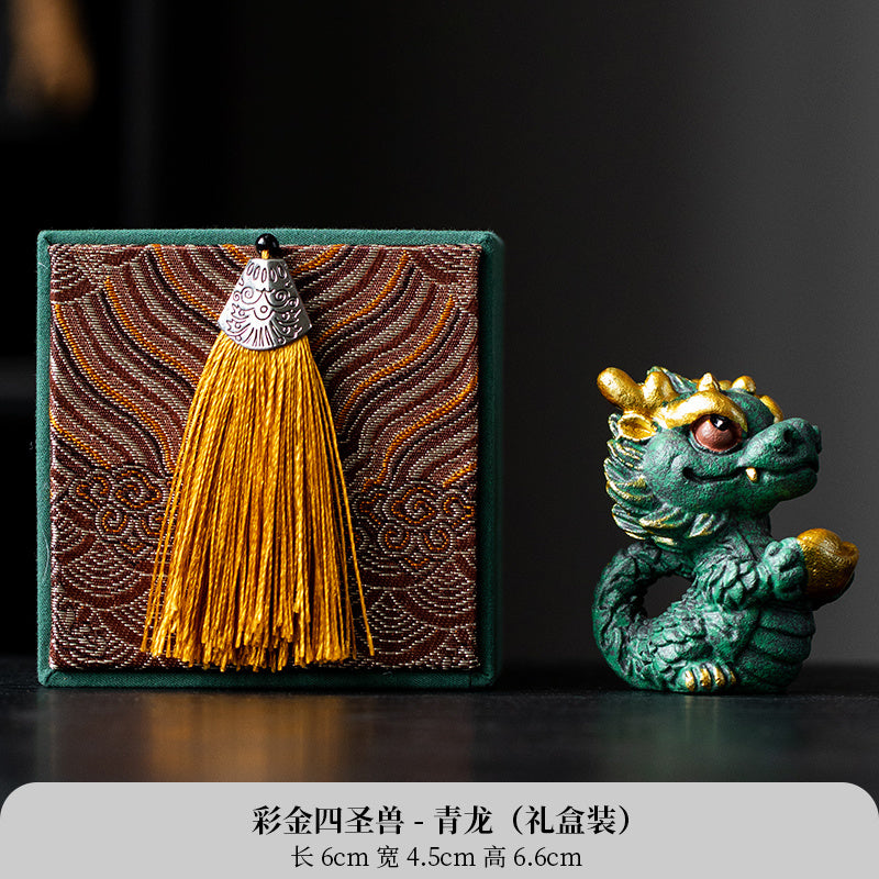 New Chinese style cute healing system fortune-attracting four beasts mascots blue sandstone tea pet ornaments Qinglong desktop decoration