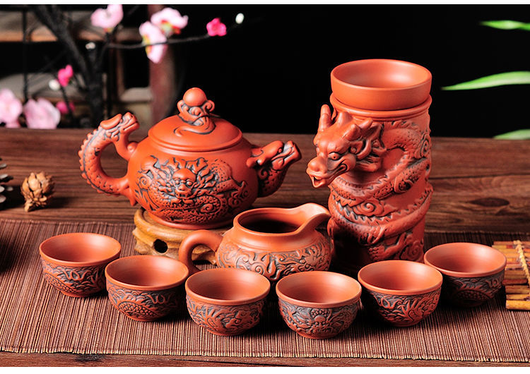 Creative Zisha Antique Tea Filter Kung Fu Automatic Tea Set Dragon Pattern Teapot Teacup Complete Set Ceramic Filter Tea Strainer