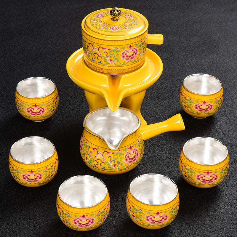 [Kaolin material] Enamel handmade ceramic silver-plated tea set 999 silver automatic tea set Kung Fu teacup tea brewing household teapot