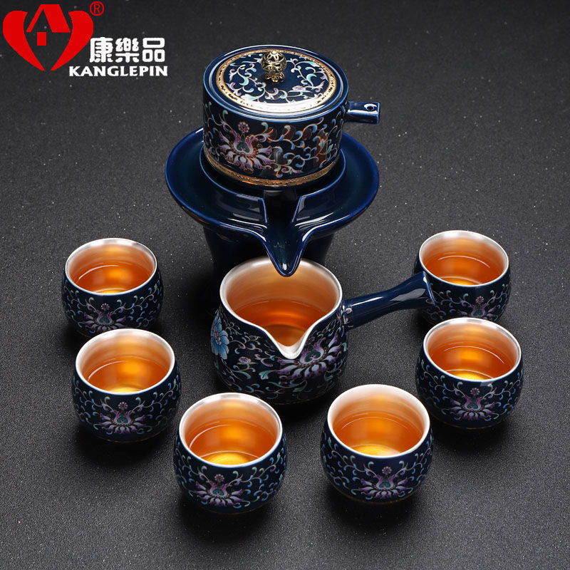 [Kaolin material] Enamel handmade ceramic silver-plated tea set 999 silver automatic tea set Kung Fu teacup tea brewing household teapot