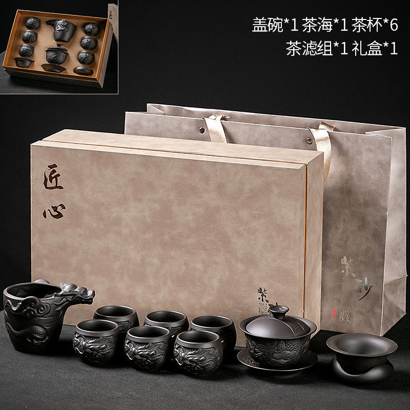 Longteng Sihai luxury purple sand tea set household tea tray office reception Kung Fu teapot covered bowl teacup