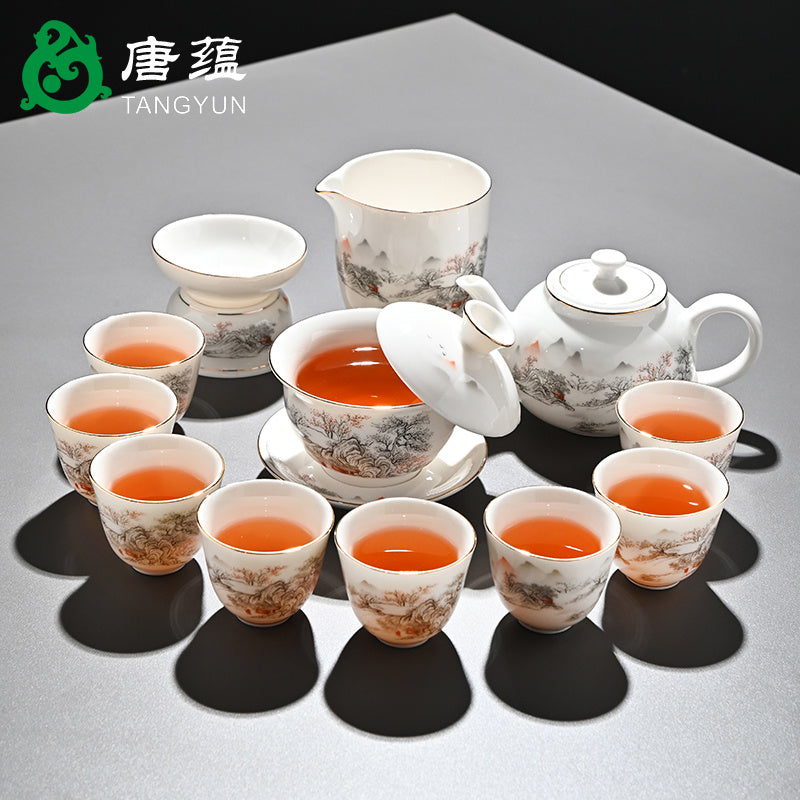 Ice-type mutton-fat jade white porcelain Kung Fu tea set home office reception ceramic covered bowl tea cup high-end gift box