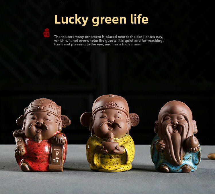 Fine ceramic ornaments Fu Lu Shou God of Wealth ornaments hand-made sculpture tea toy small Buddha statue purple sand tea ceremony tea pet can be raised